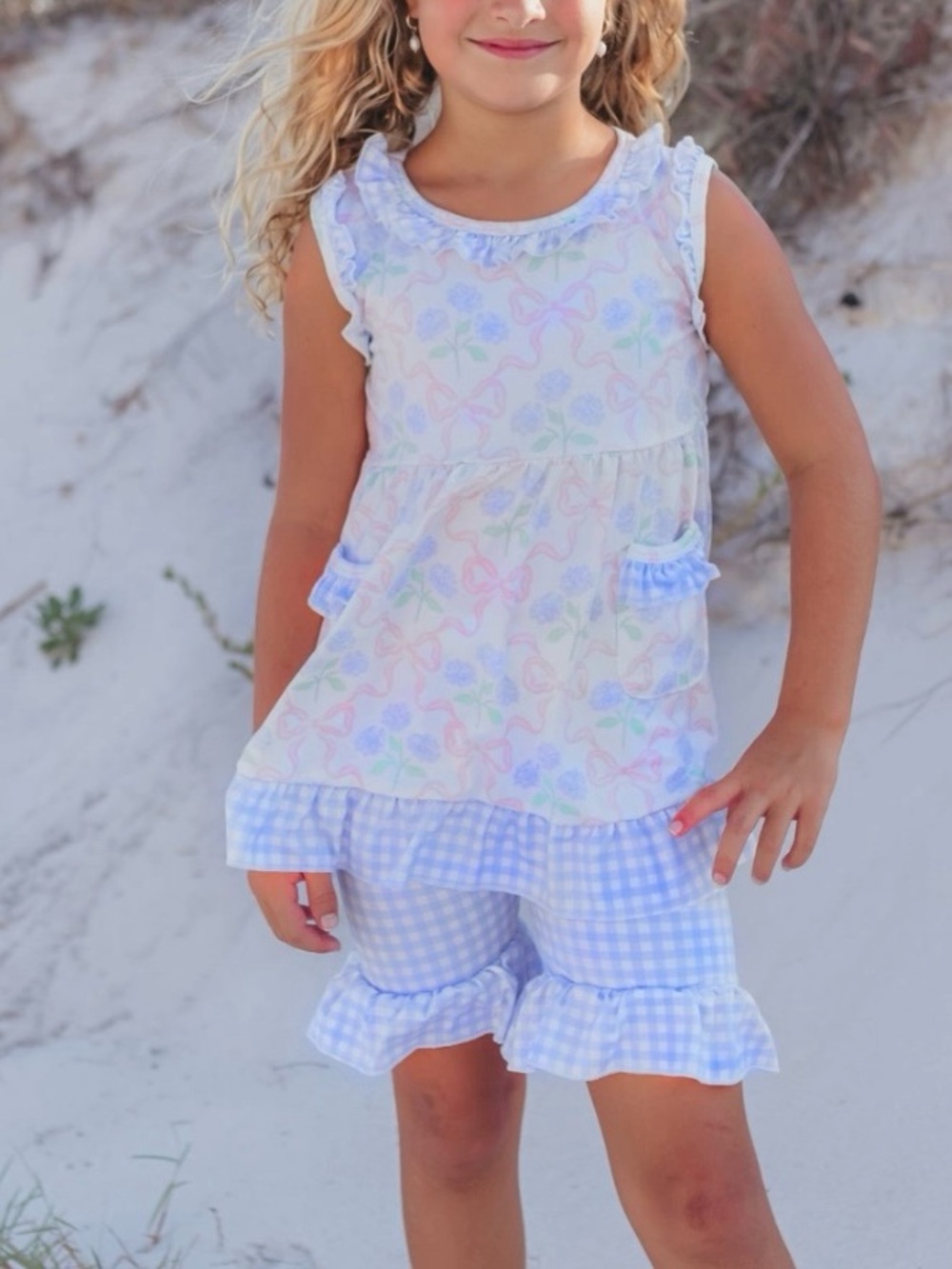 Girls Pastel Floral & Gingham Ruffle Two-Piece Set - Light Blue
